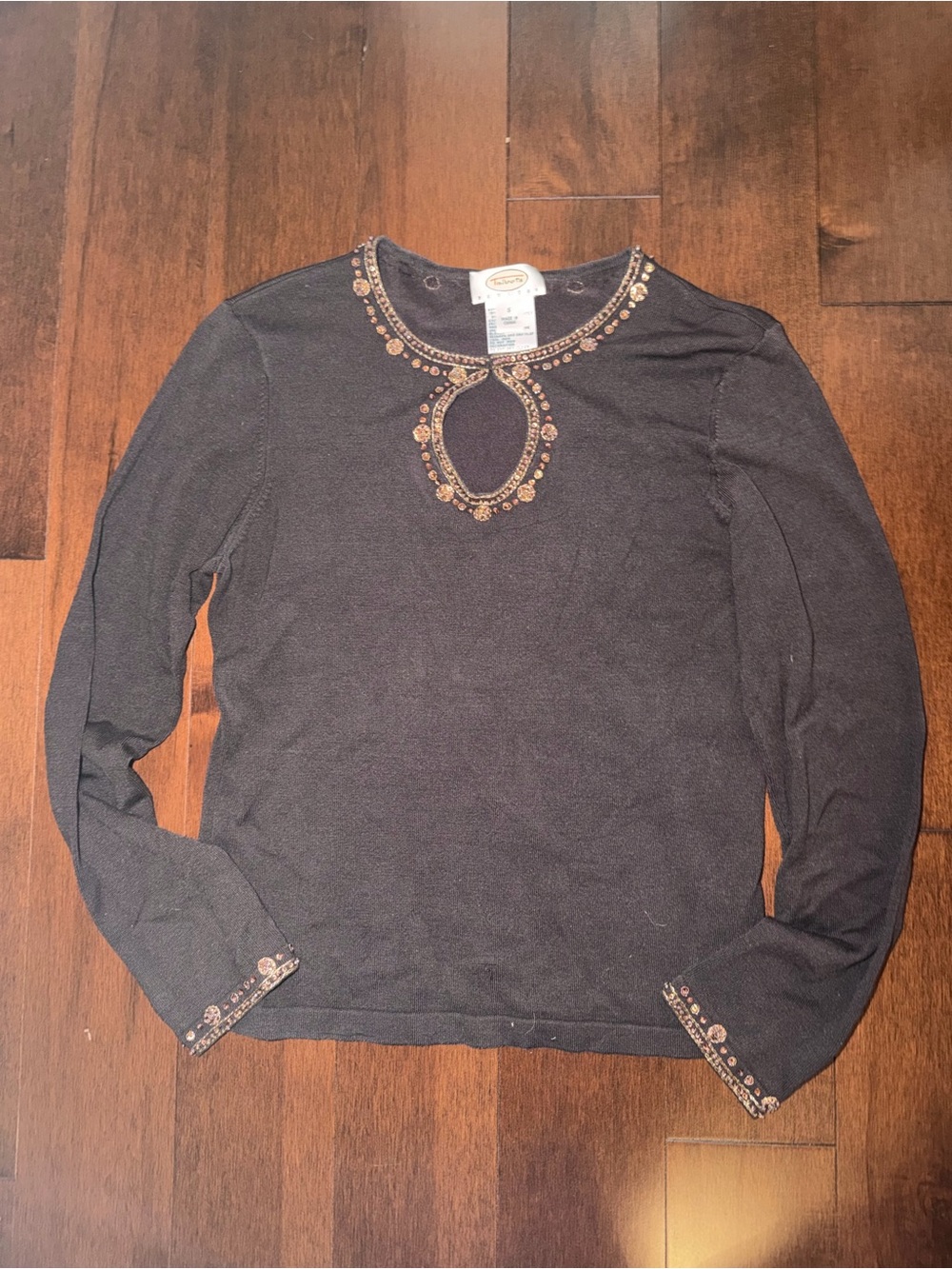 Talbots Brown Top with Gold Bead Keyhole